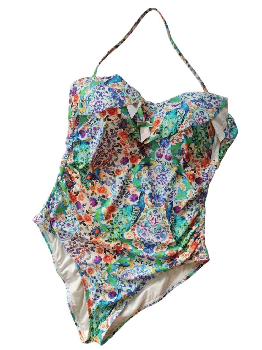 La Blanca One Piece Swimsuit 14 Floral Peacock Print Soft Cup Bra w Ruffle